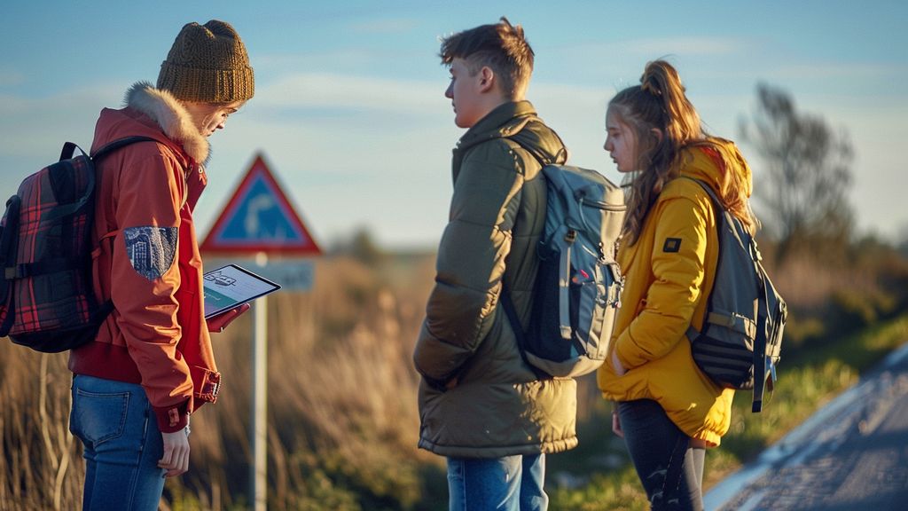 Group of teenagers studying different types of road signs