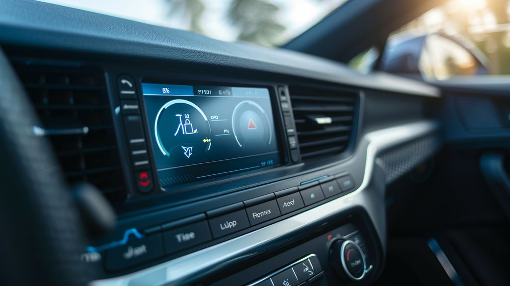 A car interior with a digital display showing the temperature control for AC