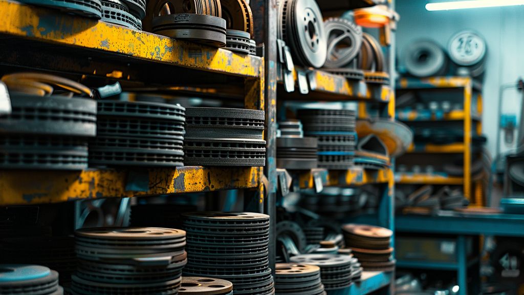 Different types of brake pads displayed in a car repair shop