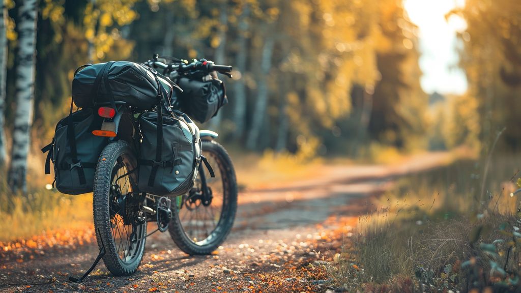 Soft saddlebags attached to a touring bike, filled with travel necessities.