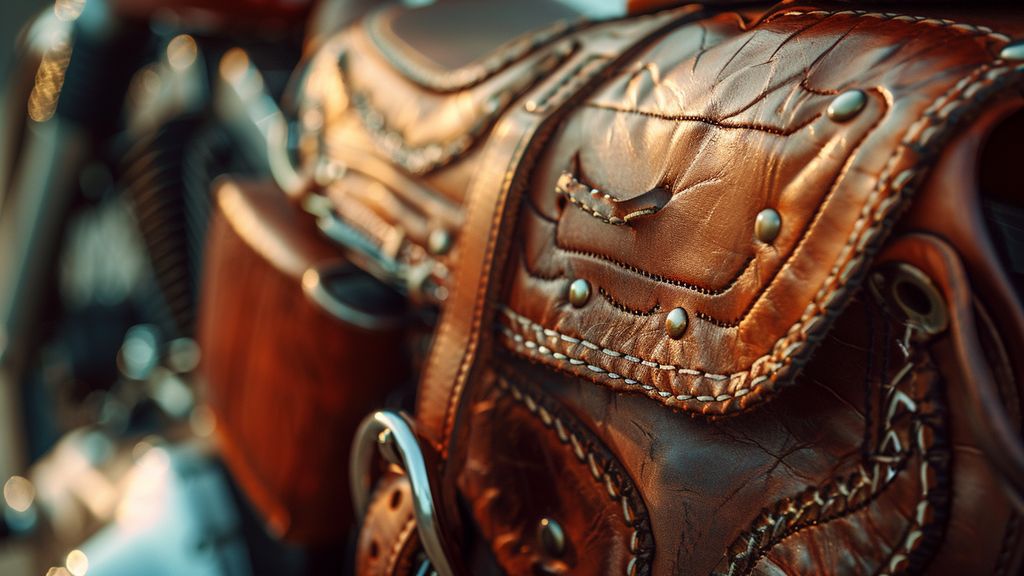 Closeup of a leather motorcycle saddlebag with intricate stitching.