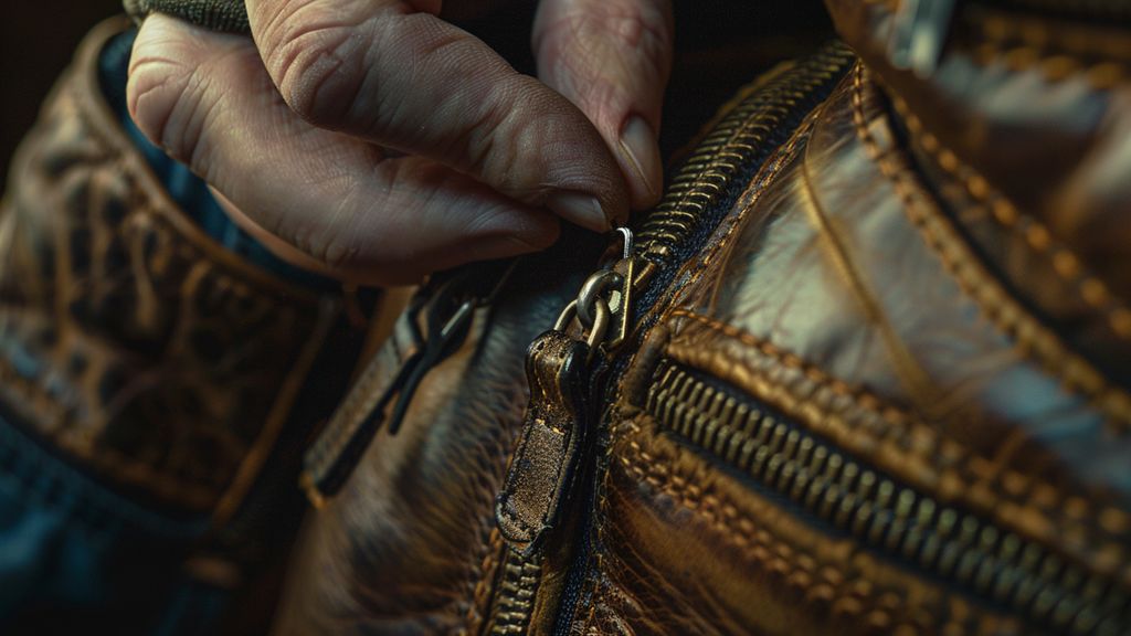 Closeup on zipper being repaired on a saddlebag.