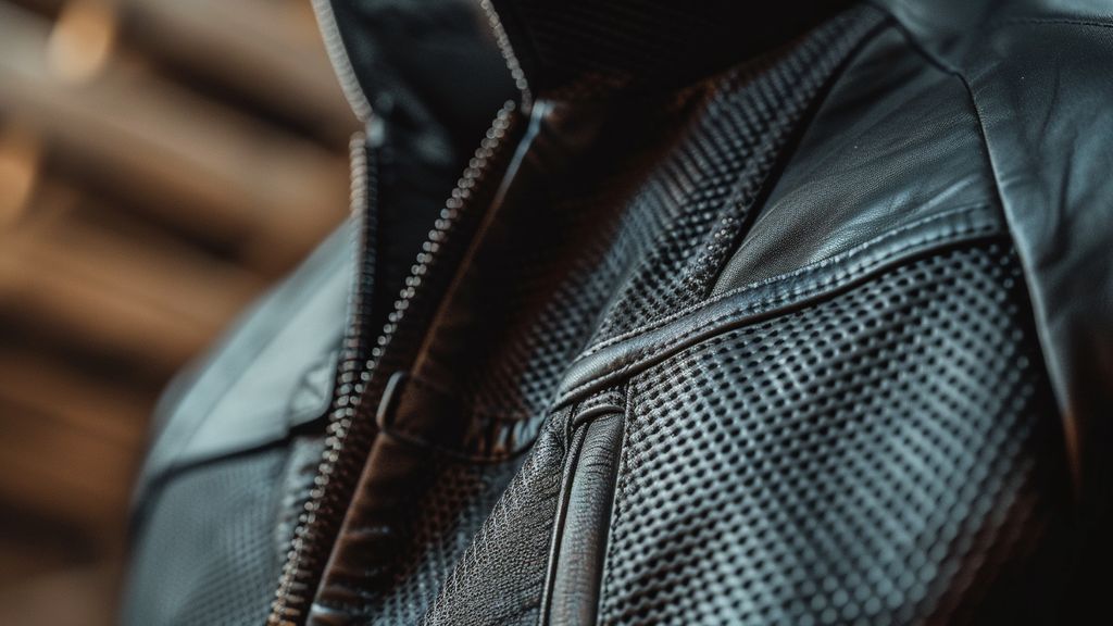 Closeup of a budgetfriendly jacket with simple polyester and mesh panels.